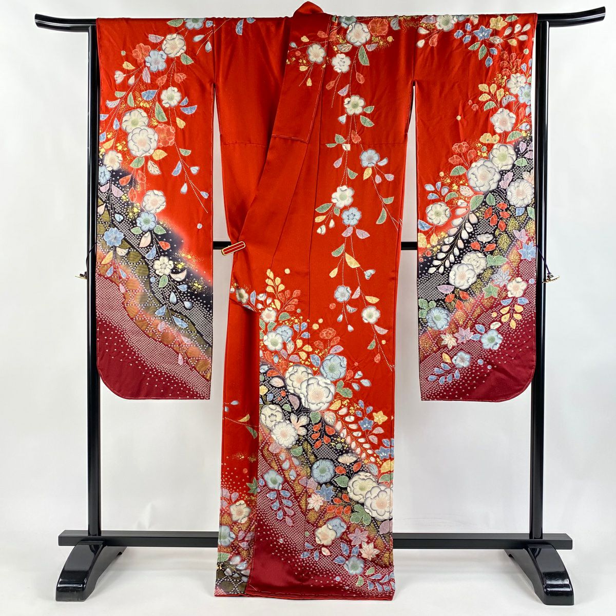 振袖禮服 身長169cm 袖長68cm L 雙層 辻花染 銀通 絞染 朱 純蠶絲 逸品級