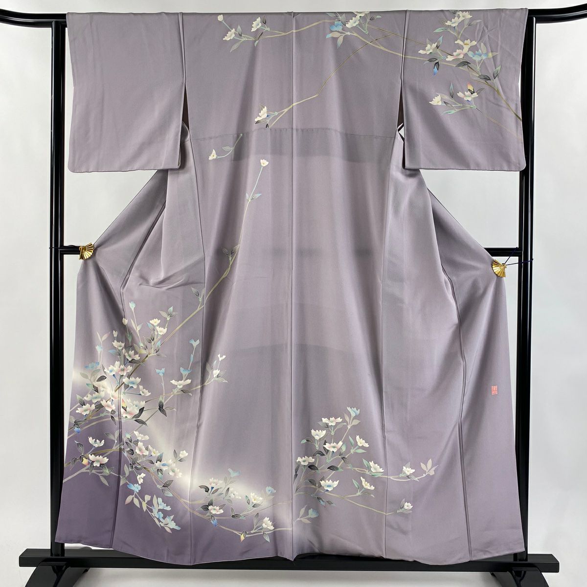 訪問服 身長158.5cm 袖長63cm S 雙層 和泉衛知 落款あり 枝花 漸層 薄紫 純蠶絲 逸品級
