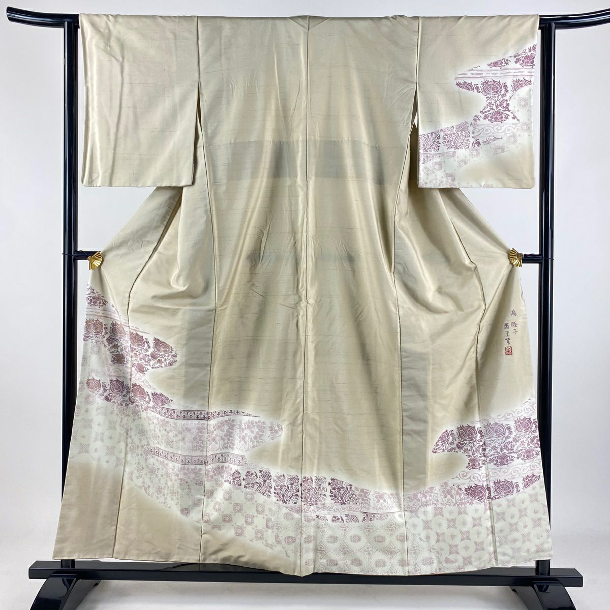 【美品】 付下 身長157cm 袖長63cm S 雙層 帝王紫 紬織織 落款 草花紋紋 市松樹 金銀彩 米色 純蠶絲 逸品級