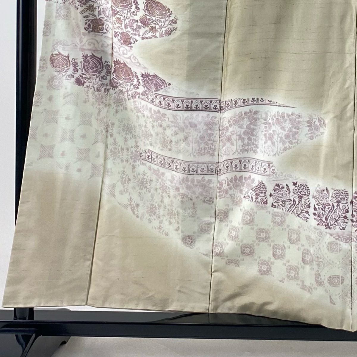 【美品】 付下 身長157cm 袖長63cm S 雙層 帝王紫 紬織織 落款 草花紋紋 市松樹 金銀彩 米色 純蠶絲 逸品級