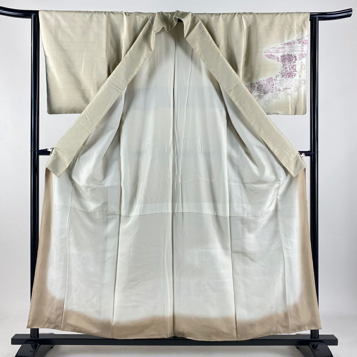 【美品】 付下 身長157cm 袖長63cm S 雙層 帝王紫 紬織織 落款 草花紋紋 市松樹 金銀彩 米色 純蠶絲 逸品級