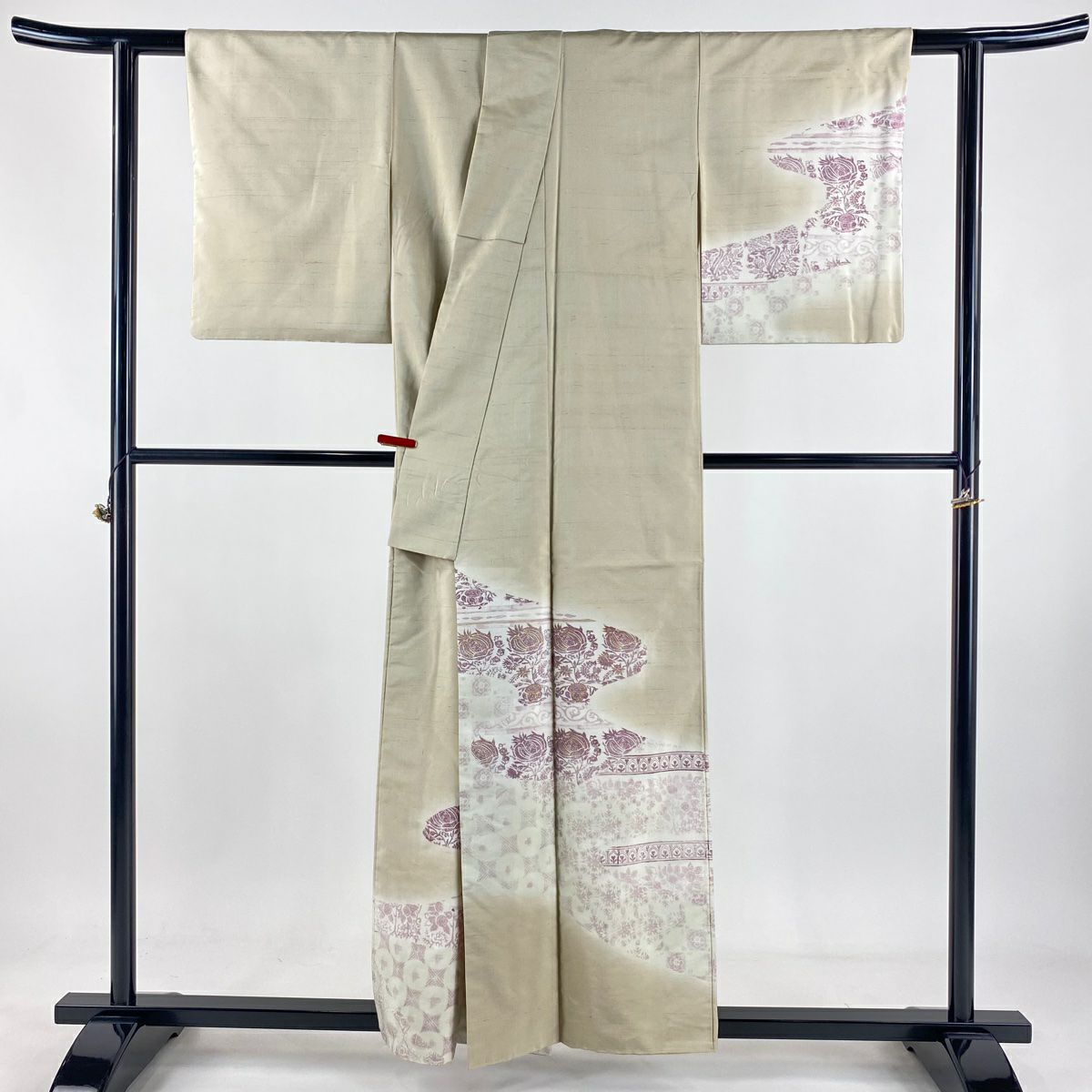 【美品】 付下 身長157cm 袖長63cm S 雙層 帝王紫 紬織織 落款 草花紋紋 市松樹 金銀彩 米色 純蠶絲 逸品級