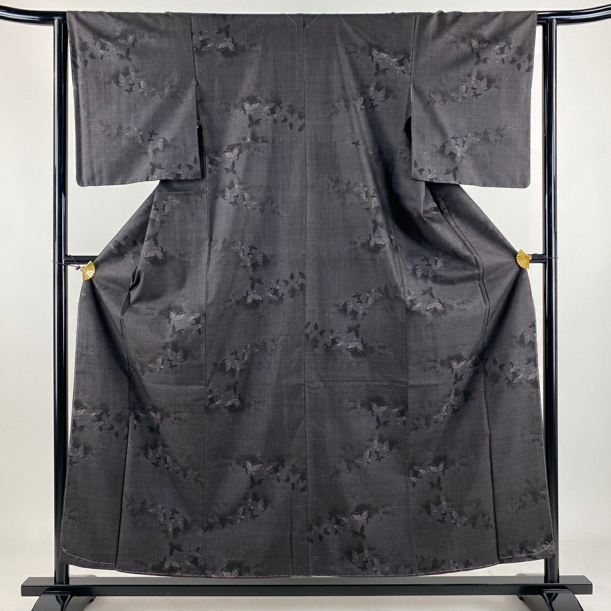【美品】 大島紬織 身長155.5cm 袖長62cm S 雙層 都喜ヱ門 純泥染 ますいわ屋 證書あり 蝶形 輪廓 茶紫 純蠶絲 逸品級