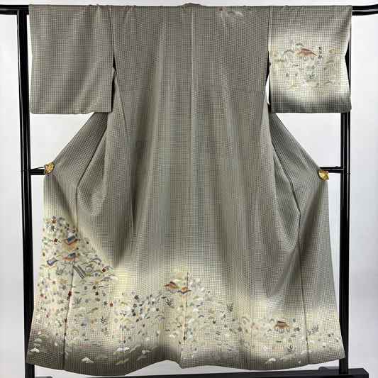 訪問服 身長150.5cm 袖長65cm M 雙層 家屋 松樹竹子梅花 刺繡 金糸 茶綠 純蠶絲 逸品級