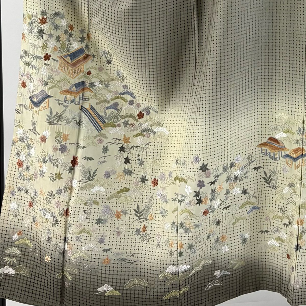 訪問服 身長150.5cm 袖長65cm M 雙層 家屋 松樹竹子梅花 刺繡 金糸 茶綠 純蠶絲 逸品級