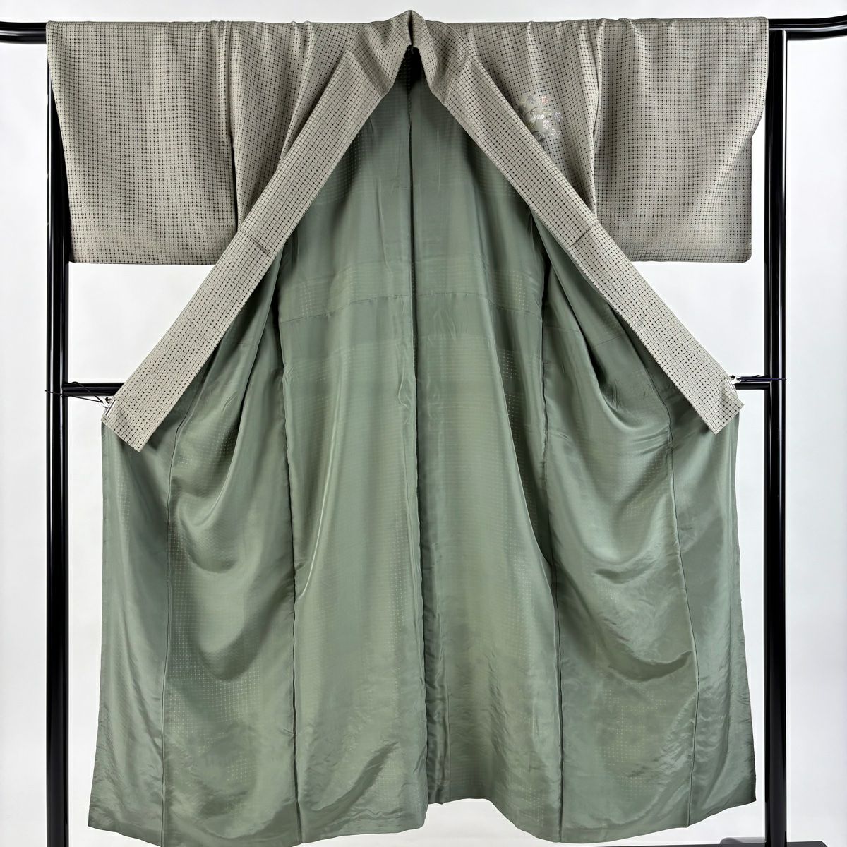 訪問服 身長150.5cm 袖長65cm M 雙層 家屋 松樹竹子梅花 刺繡 金糸 茶綠 純蠶絲 逸品級
