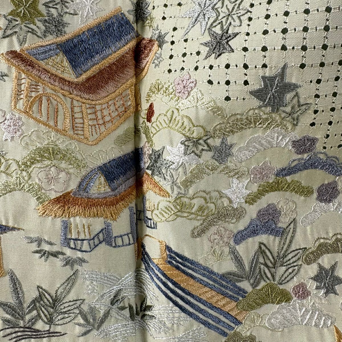 訪問服 身長150.5cm 袖長65cm M 雙層 家屋 松樹竹子梅花 刺繡 金糸 茶綠 純蠶絲 逸品級