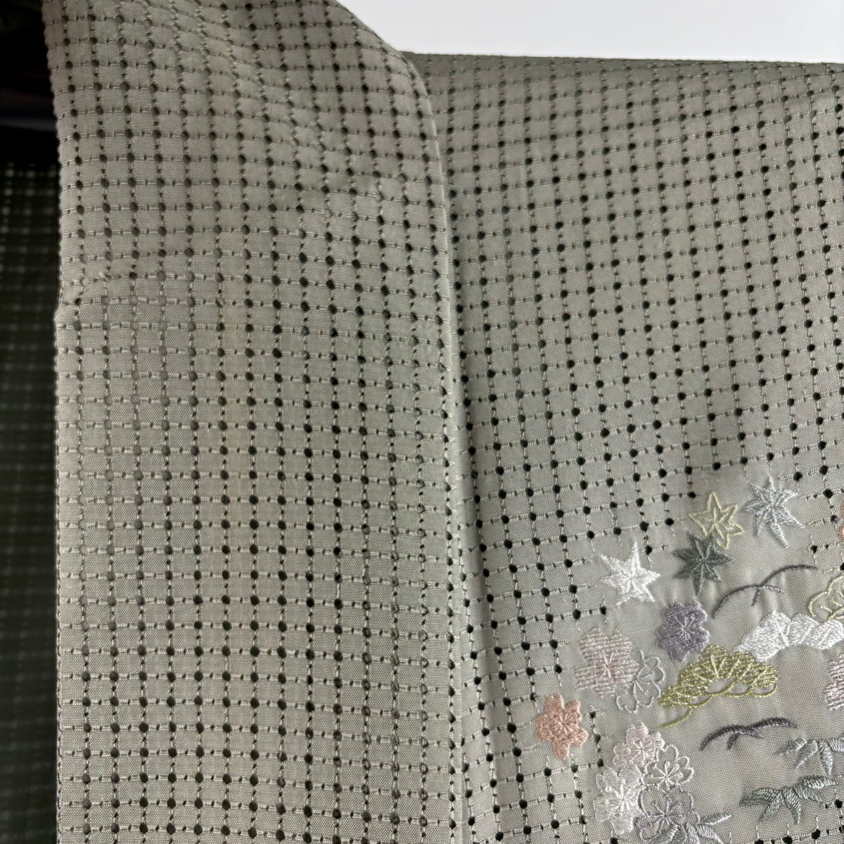 訪問服 身長150.5cm 袖長65cm M 雙層 家屋 松樹竹子梅花 刺繡 金糸 茶綠 純蠶絲 逸品級