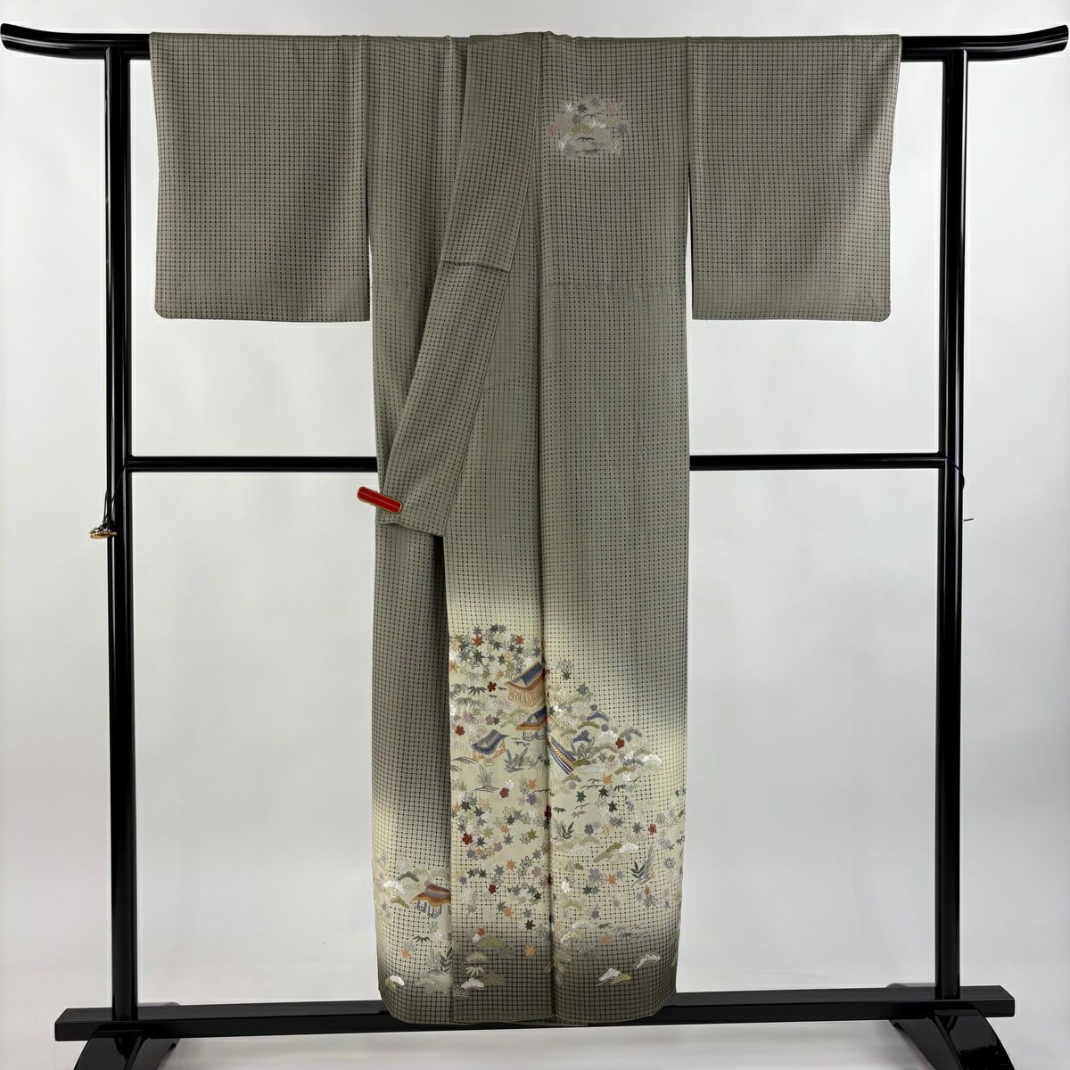 訪問服 身長150.5cm 袖長65cm M 雙層 家屋 松樹竹子梅花 刺繡 金糸 茶綠 純蠶絲 逸品級