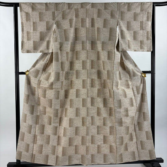 【美品】 紬織 身長159.5cm 袖長62.5cm S 雙層 蕨紬織 竹子田省二 落款あり 變化市松樹 薄茶 純蠶絲 逸品級