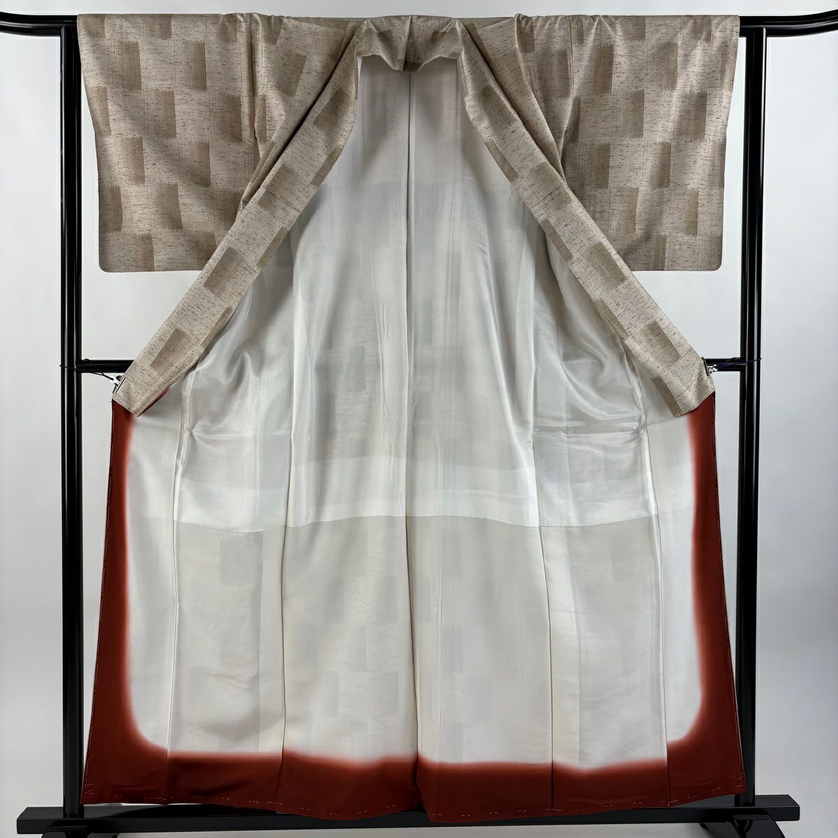 【美品】 紬織 身長159.5cm 袖長62.5cm S 雙層 蕨紬織 竹子田省二 落款あり 變化市松樹 薄茶 純蠶絲 逸品級