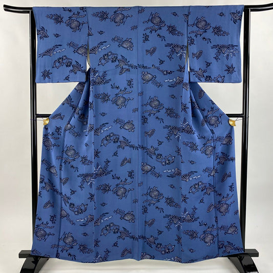 小紋 身長159cm 袖長63cm S 雙層 檜扇子 草花紋紋 絞染 藍色 純蠶絲 秀品級