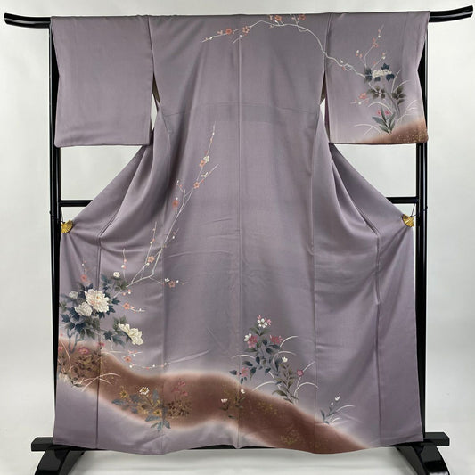 訪問服 身長159.5cm 袖長66cm M 雙層 牡丹 草花紋紋 金彩裝飾 染分 薄紫 純蠶絲 秀品級