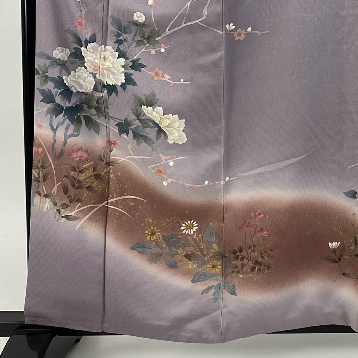 訪問服 身長159.5cm 袖長66cm M 雙層 牡丹 草花紋紋 金彩裝飾 染分 薄紫 純蠶絲 秀品級