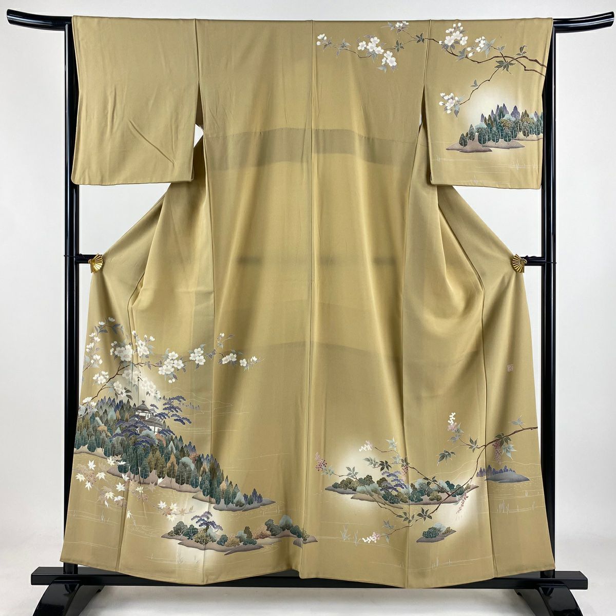 訪問服 身長156cm 袖長64cm M 雙層 落款あり 建物 櫻花 淺茶 純蠶絲 秀品級