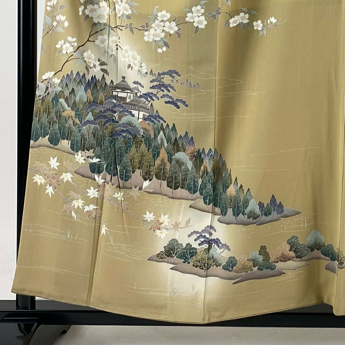 訪問服 身長156cm 袖長64cm M 雙層 落款あり 建物 櫻花 淺茶 純蠶絲 秀品級