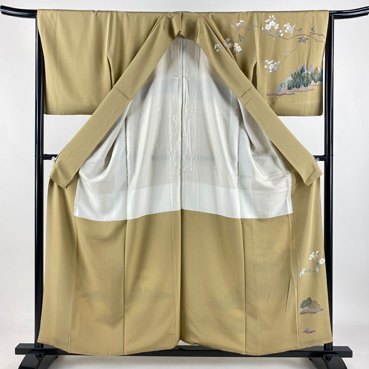 訪問服 身長156cm 袖長64cm M 雙層 落款あり 建物 櫻花 淺茶 純蠶絲 秀品級