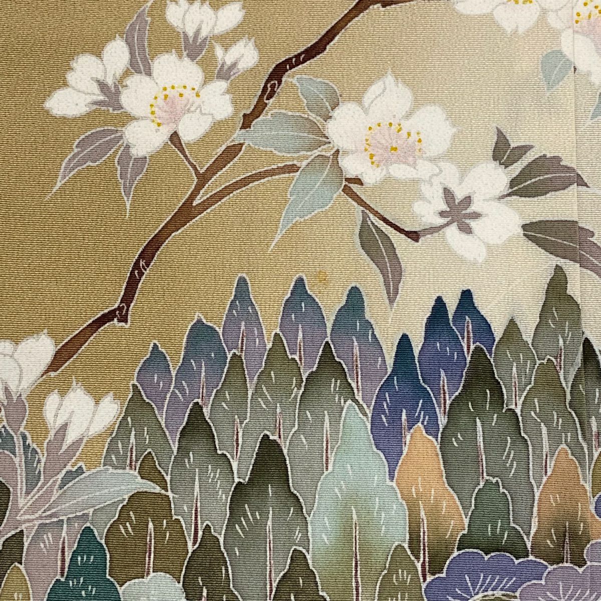 訪問服 身長156cm 袖長64cm M 雙層 落款あり 建物 櫻花 淺茶 純蠶絲 秀品級
