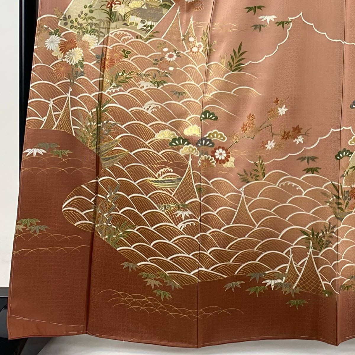 訪問服 身長166cm 袖長65.5cm M 雙層 扇子面 草花紋紋 金彩裝飾 粉紅 純蠶絲 秀品級
