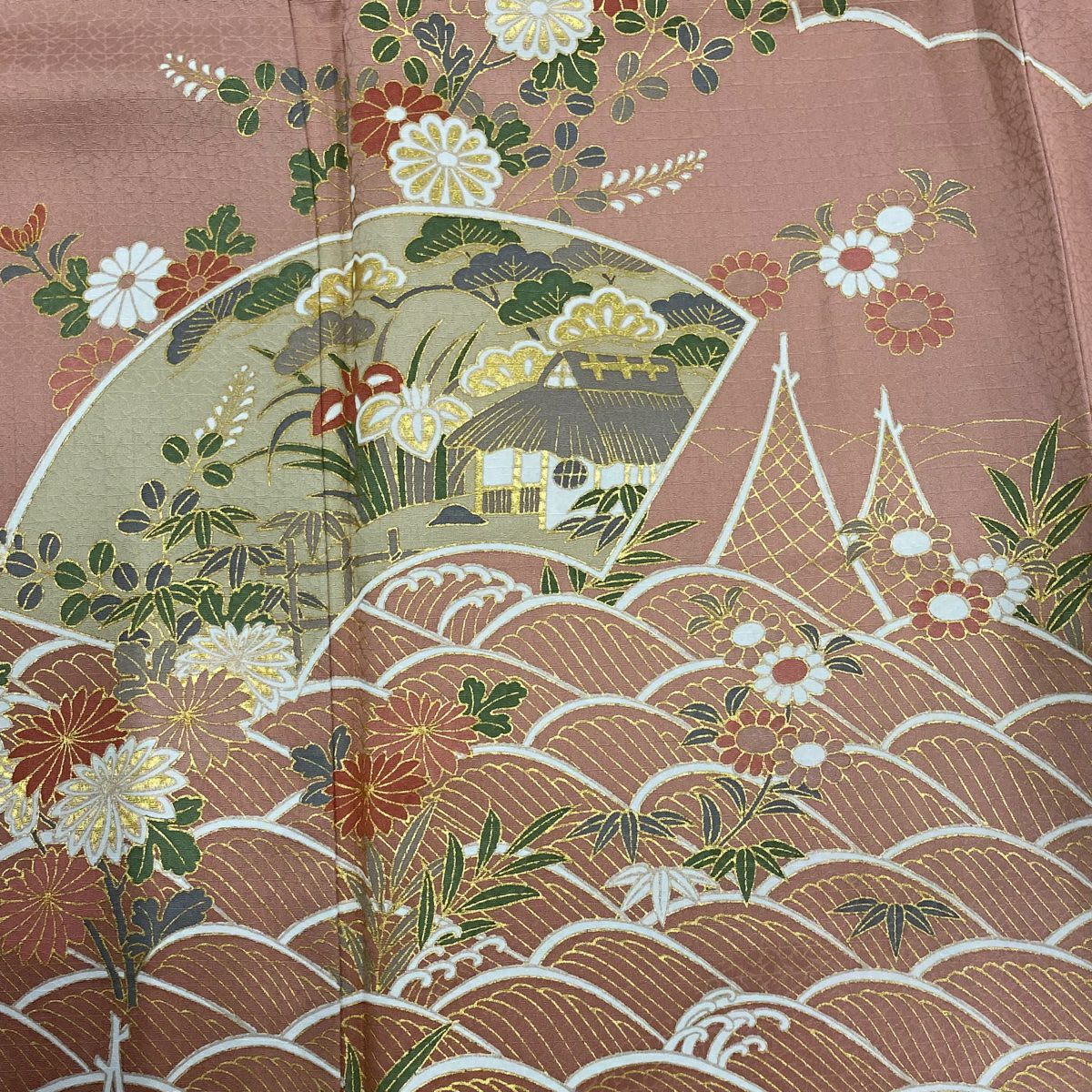 訪問服 身長166cm 袖長65.5cm M 雙層 扇子面 草花紋紋 金彩裝飾 粉紅 純蠶絲 秀品級