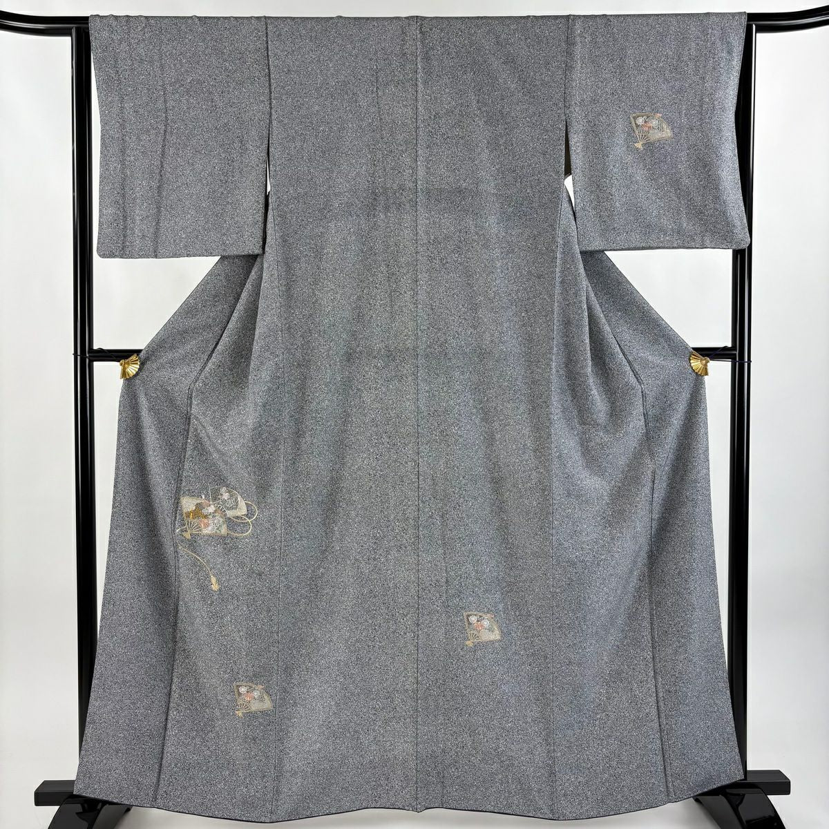 付下 身長160.5cm 袖長64.5cm M 雙層 扇子 草花紋紋 金糸刺繡 黑灰 純蠶絲 秀品級