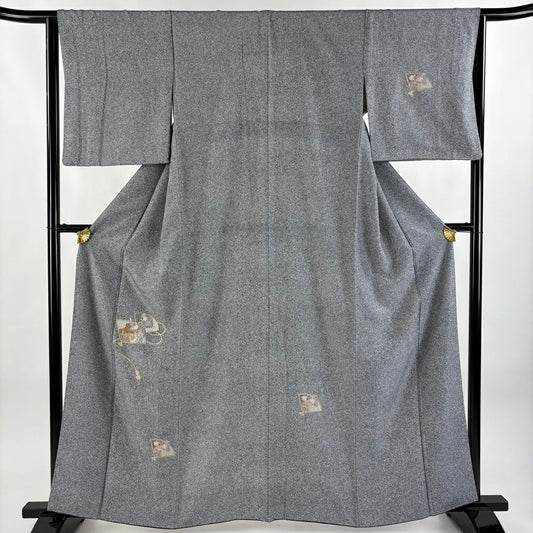 付下 身長160.5cm 袖長64.5cm M 雙層 扇子 草花紋紋 金糸刺繡 黑灰 純蠶絲 秀品級