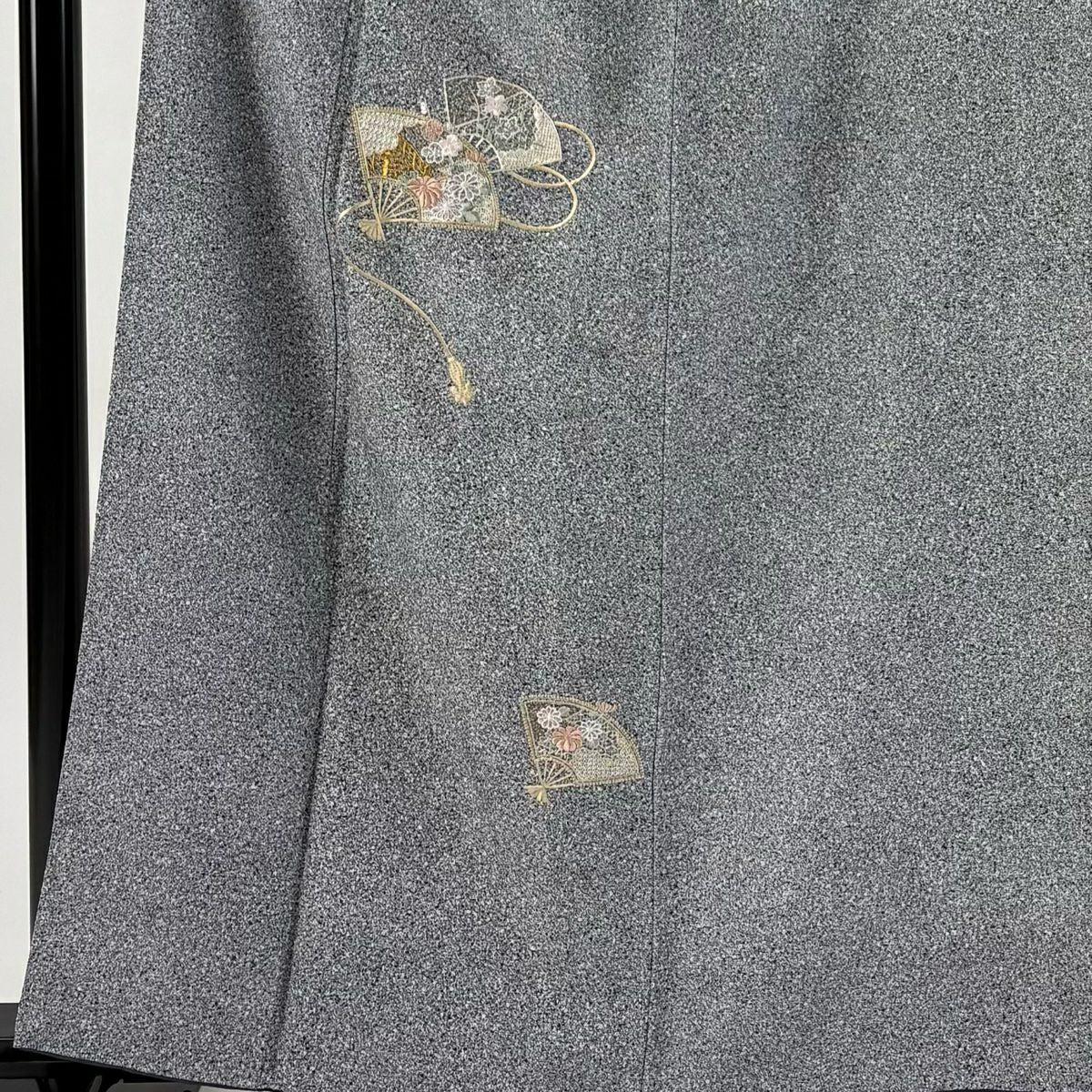 付下 身長160.5cm 袖長64.5cm M 雙層 扇子 草花紋紋 金糸刺繡 黑灰 純蠶絲 秀品級