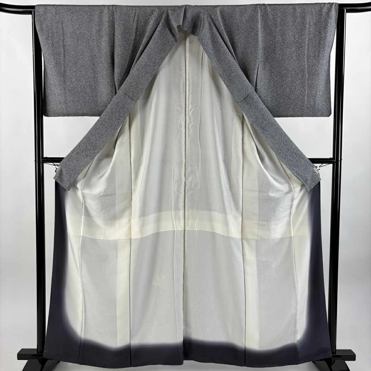 付下 身長160.5cm 袖長64.5cm M 雙層 扇子 草花紋紋 金糸刺繡 黑灰 純蠶絲 秀品級