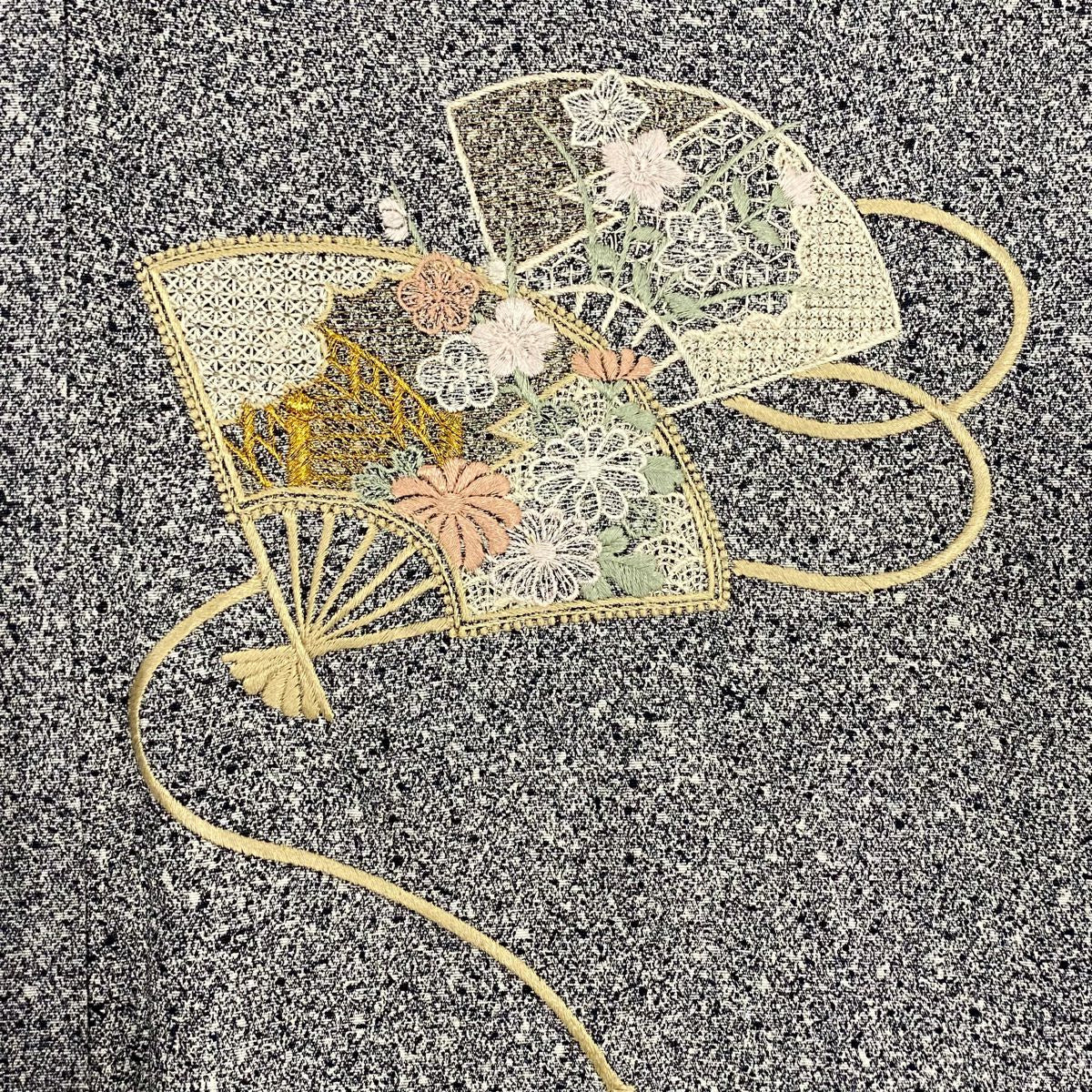 付下 身長160.5cm 袖長64.5cm M 雙層 扇子 草花紋紋 金糸刺繡 黑灰 純蠶絲 秀品級
