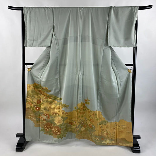 色留袖禮服 身長163cm 袖長68cm L 雙層 鴛鴦 松樹竹子梅花 刺繡 金銀彩 薄綠 純蠶絲 秀品級 一つ紋