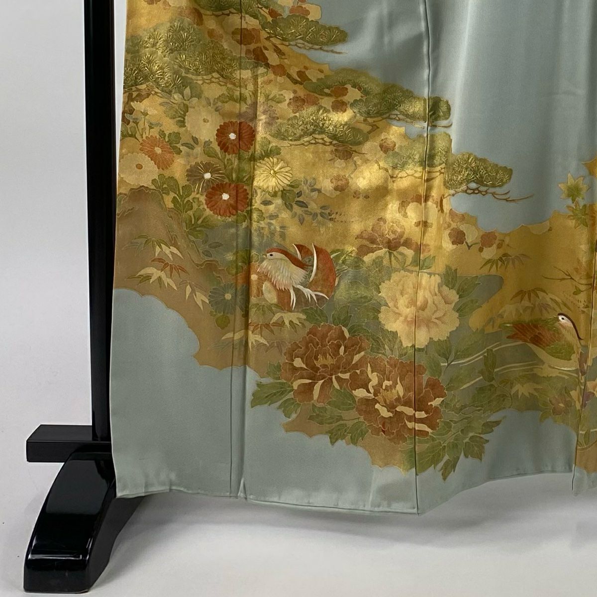 色留袖禮服 身長163cm 袖長68cm L 雙層 鴛鴦 松樹竹子梅花 刺繡 金銀彩 薄綠 純蠶絲 秀品級 一つ紋