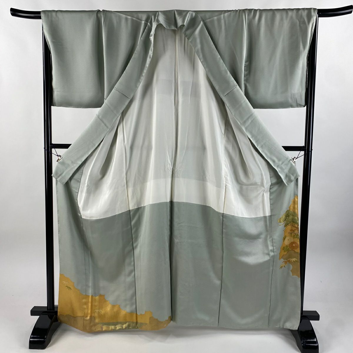 色留袖禮服 身長163cm 袖長68cm L 雙層 鴛鴦 松樹竹子梅花 刺繡 金銀彩 薄綠 純蠶絲 秀品級 一つ紋