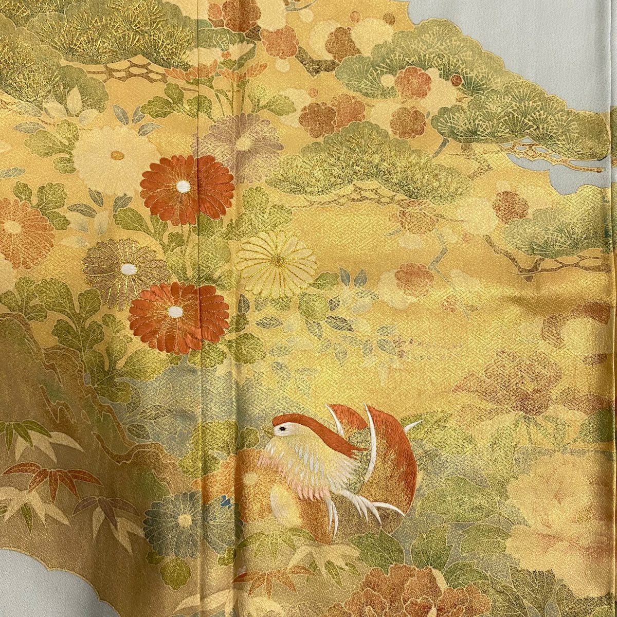 色留袖禮服 身長163cm 袖長68cm L 雙層 鴛鴦 松樹竹子梅花 刺繡 金銀彩 薄綠 純蠶絲 秀品級 一つ紋