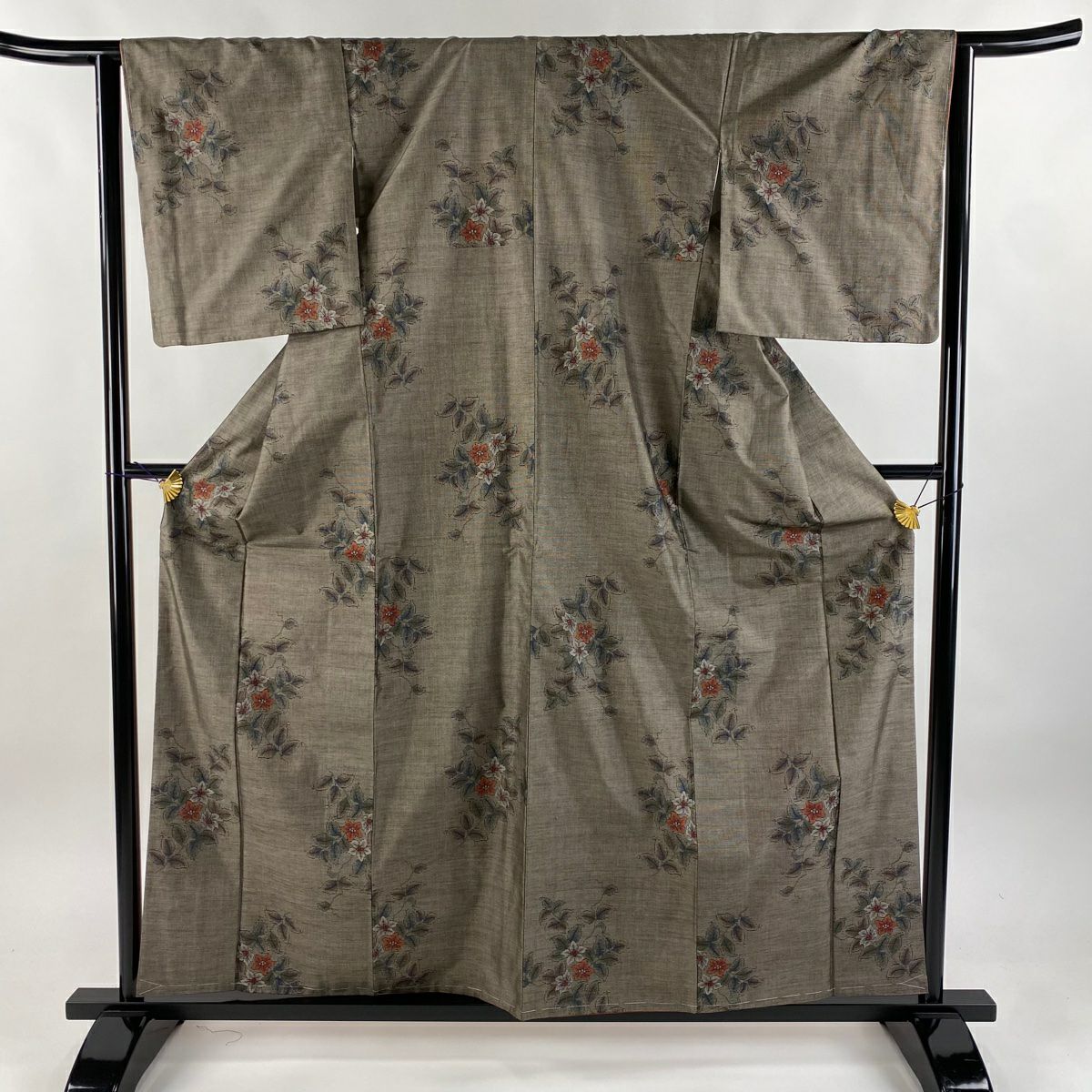 【美品】 紬織 身長159cm 袖長64cm M 雙層 草花紋 茶 純蠶絲 秀品級
