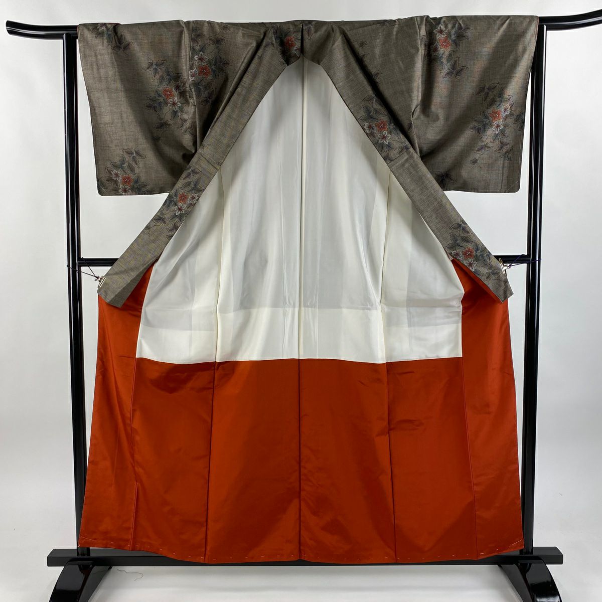 【美品】 紬織 身長159cm 袖長64cm M 雙層 草花紋 茶 純蠶絲 秀品級