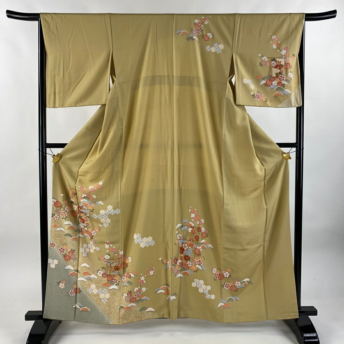 訪問服 身長162cm 袖長66cm M 雙層 帆 櫻花 金彩裝飾 染分 からし色 純蠶絲 秀品級