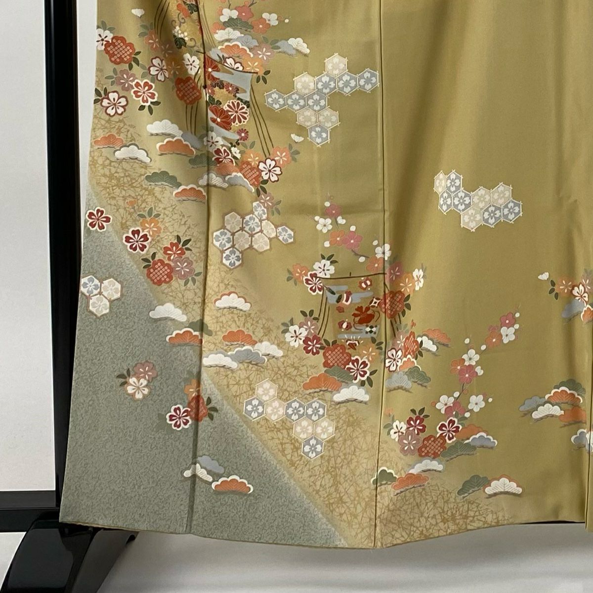 訪問服 身長162cm 袖長66cm M 雙層 帆 櫻花 金彩裝飾 染分 からし色 純蠶絲 秀品級