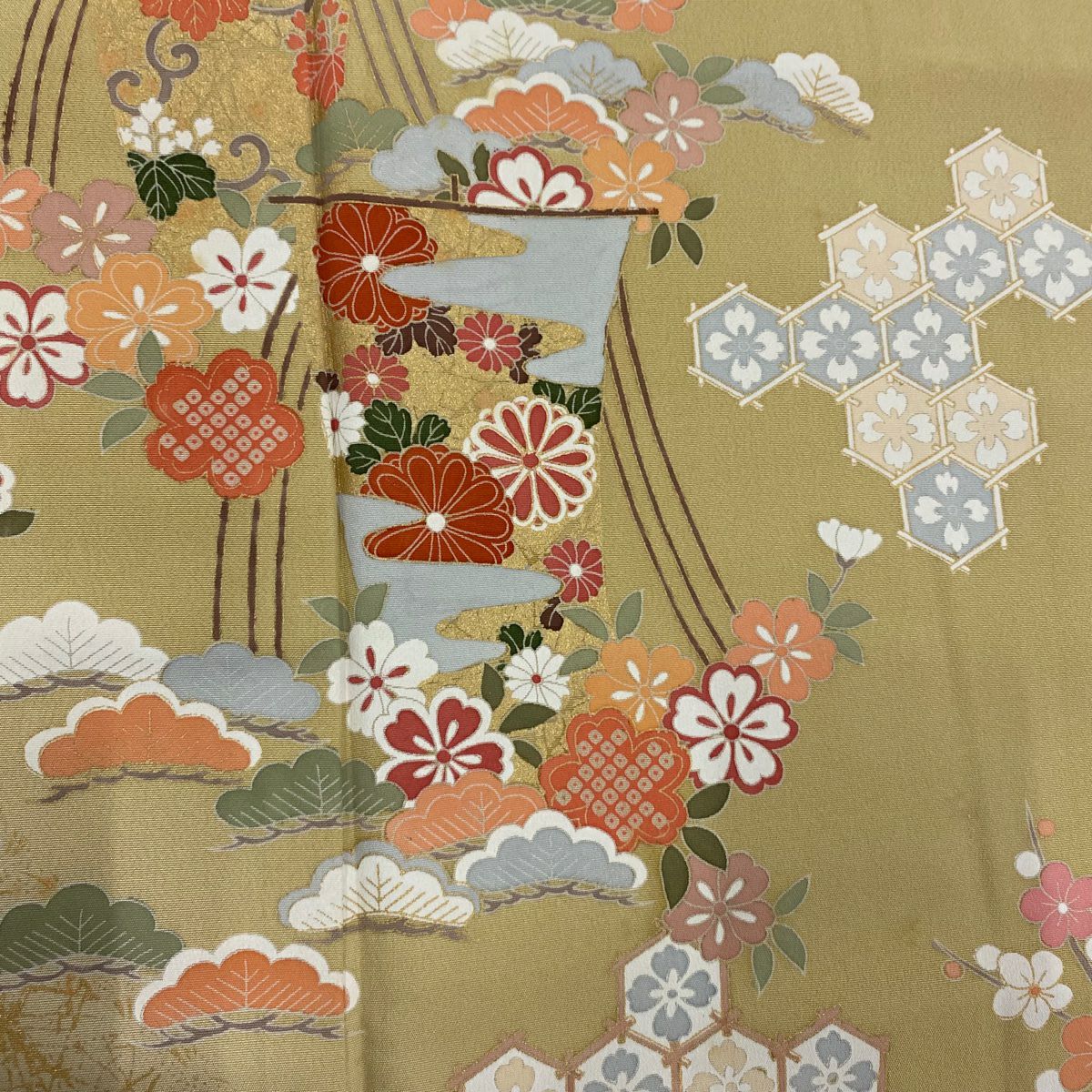 訪問服 身長162cm 袖長66cm M 雙層 帆 櫻花 金彩裝飾 染分 からし色 純蠶絲 秀品級