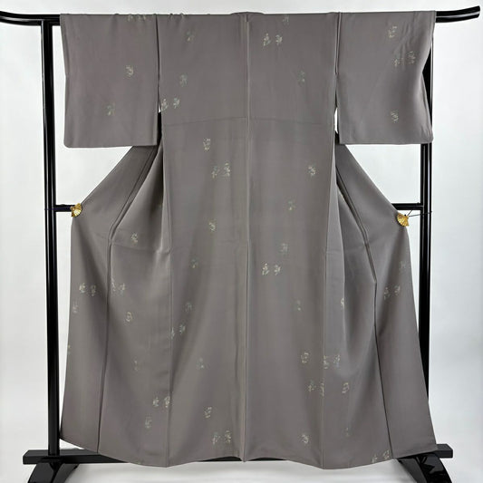 小紋 身長158cm 袖長64cm M 雙層 草花紋紋 金彩裝飾 灰紫 純蠶絲 秀品級 一つ紋