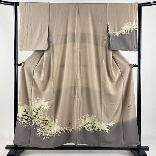 付下 身長155cm 袖長63cm S 雙層 蓑蟲工藝 田尾笛秋 落款あり 童 生物 薄小豆 純蠶絲 秀品級