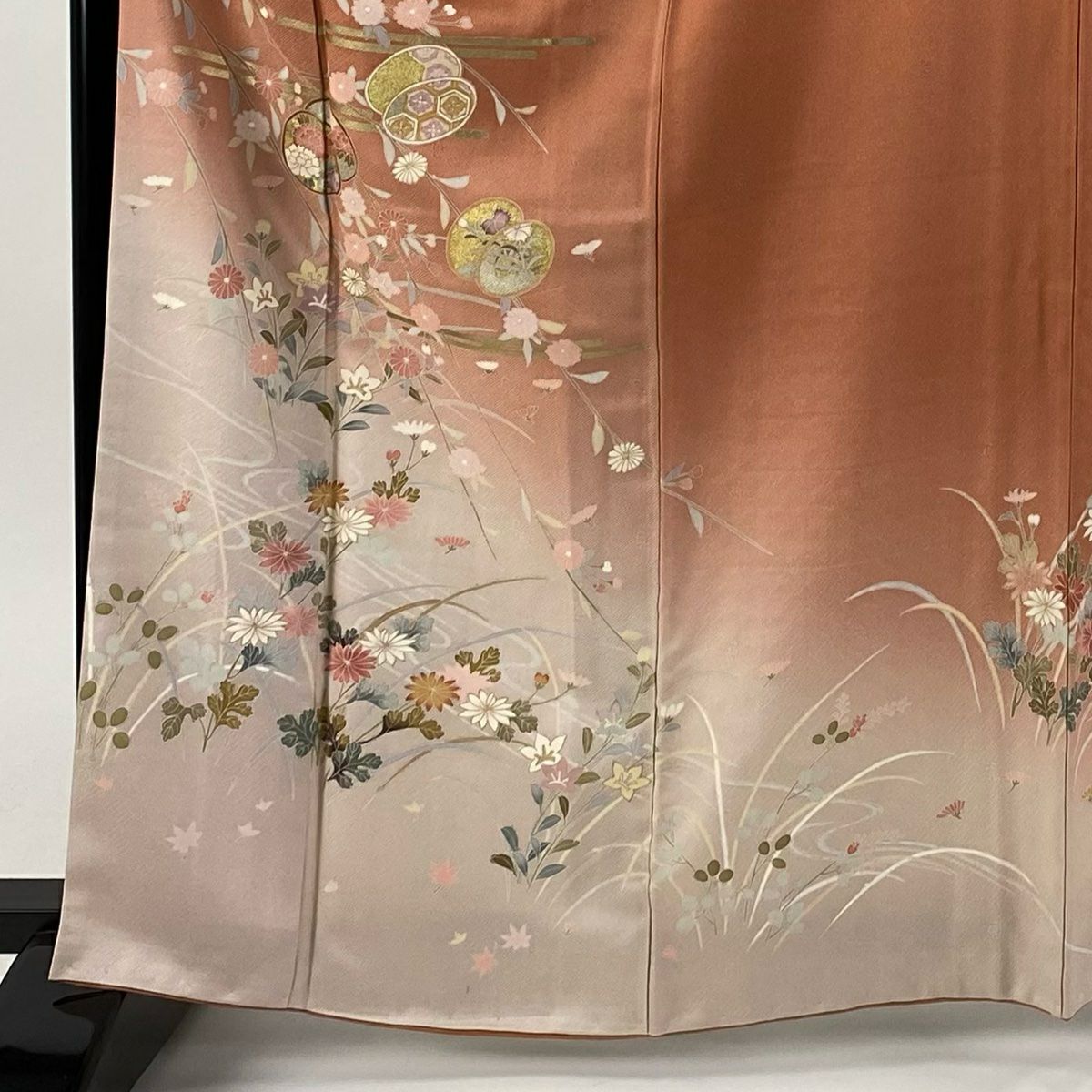 訪問服 身長165cm 袖長68cm L 雙層 秋草 ヱ霞 金銀彩 漸層 茜 純蠶絲 優品級