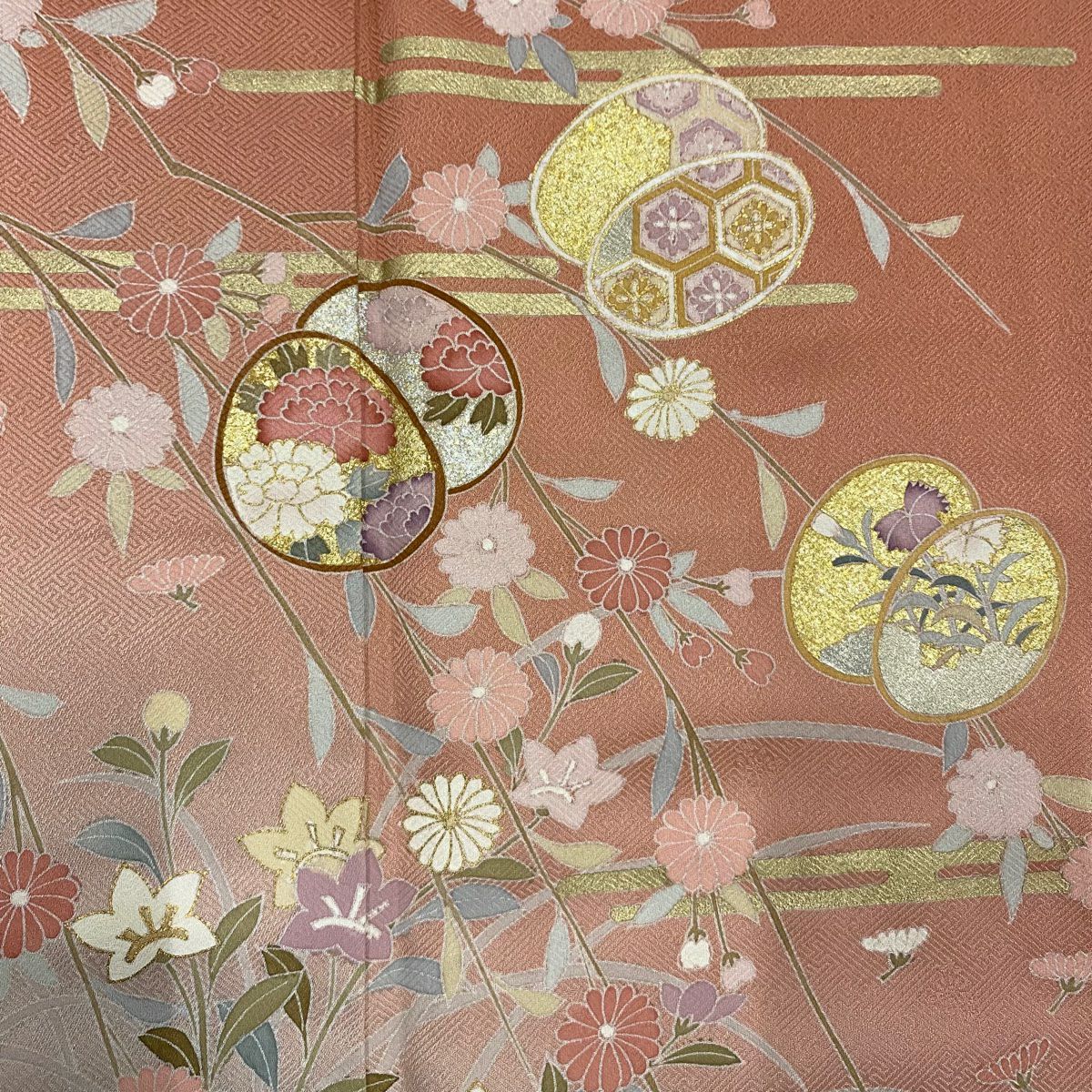 訪問服 身長165cm 袖長68cm L 雙層 秋草 ヱ霞 金銀彩 漸層 茜 純蠶絲 優品級