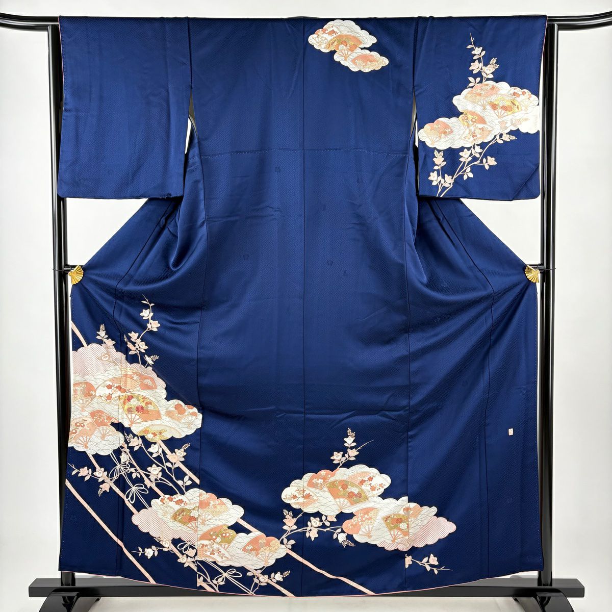 訪問服 身長159cm 袖長63.5cm S 雙層 吾妻德穗 落款あり 雲文 扇子 金糸 刺繡 深藍 純蠶絲 秀品級