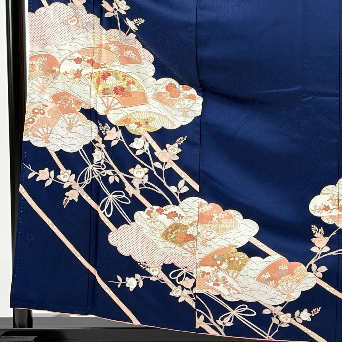 訪問服 身長159cm 袖長63.5cm S 雙層 吾妻德穗 落款あり 雲文 扇子 金糸 刺繡 深藍 純蠶絲 秀品級