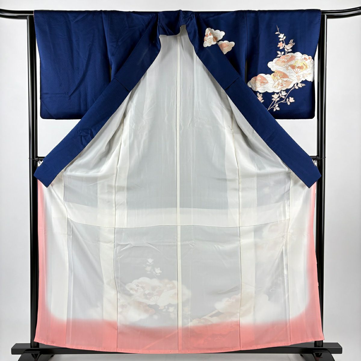 訪問服 身長159cm 袖長63.5cm S 雙層 吾妻德穗 落款あり 雲文 扇子 金糸 刺繡 深藍 純蠶絲 秀品級