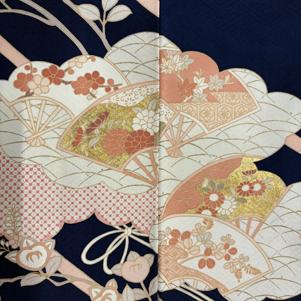 訪問服 身長159cm 袖長63.5cm S 雙層 吾妻德穗 落款あり 雲文 扇子 金糸 刺繡 深藍 純蠶絲 秀品級
