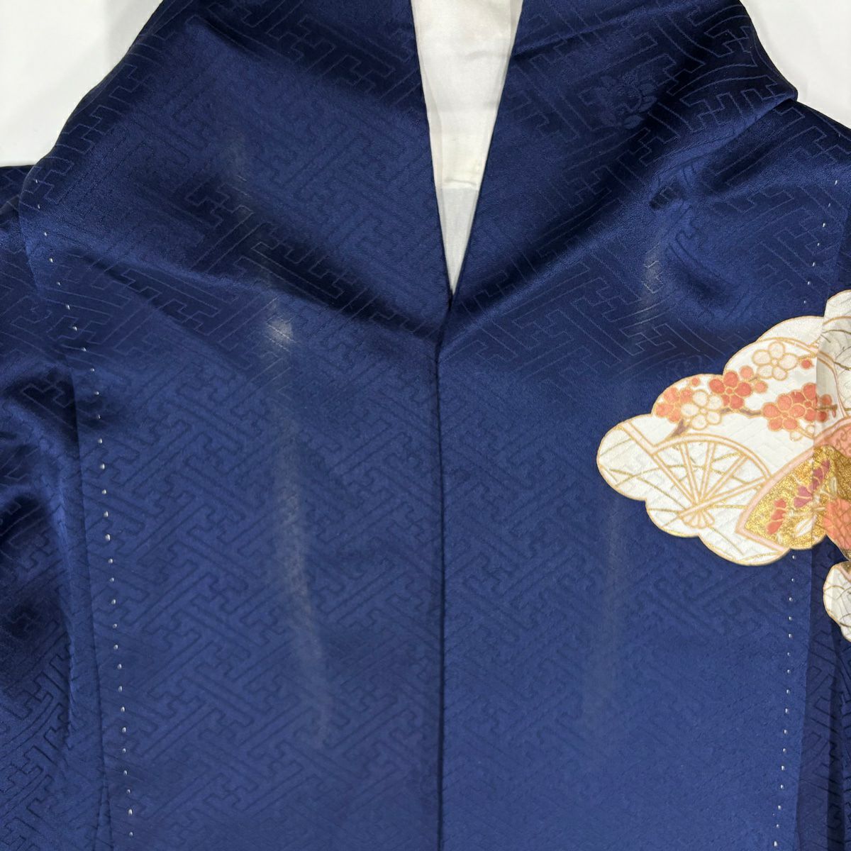 訪問服 身長159cm 袖長63.5cm S 雙層 吾妻德穗 落款あり 雲文 扇子 金糸 刺繡 深藍 純蠶絲 秀品級