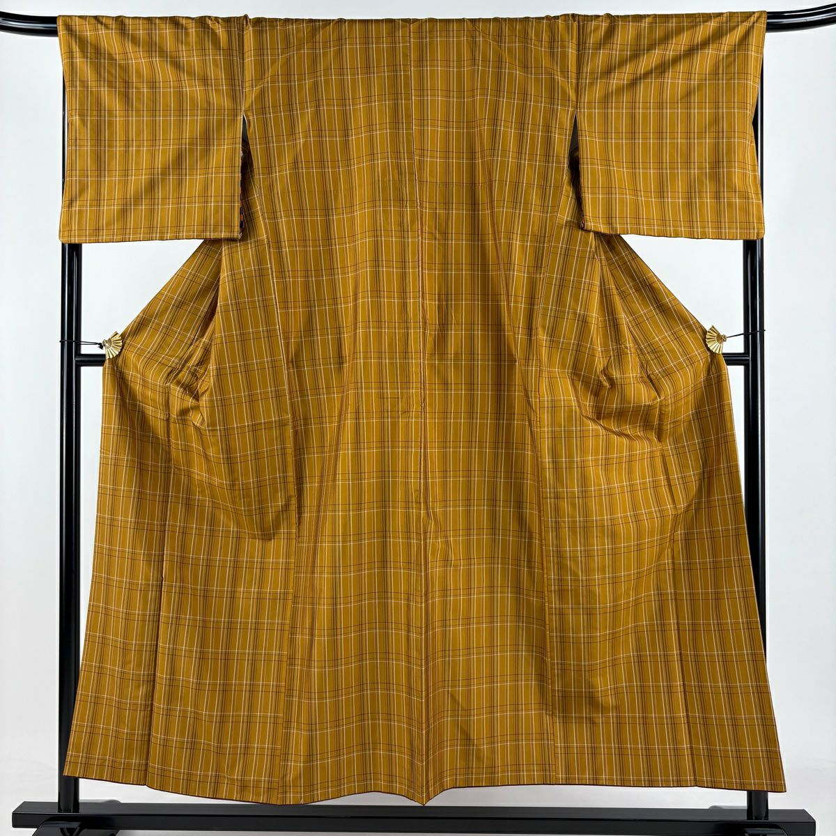 【庫存清倉】 【美品】 紬織 身長154cm 袖長68.5cm L 雙層 格子 黃土色 純蠶絲 名品級