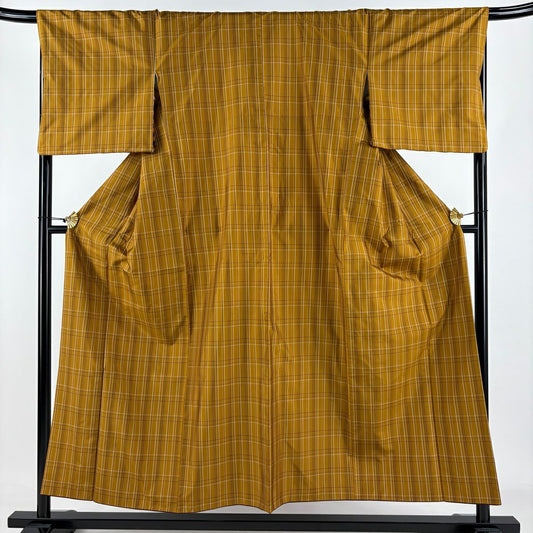 【庫存清倉】 【美品】 紬織 身長154cm 袖長68.5cm L 雙層 格子 黃土色 純蠶絲 名品級