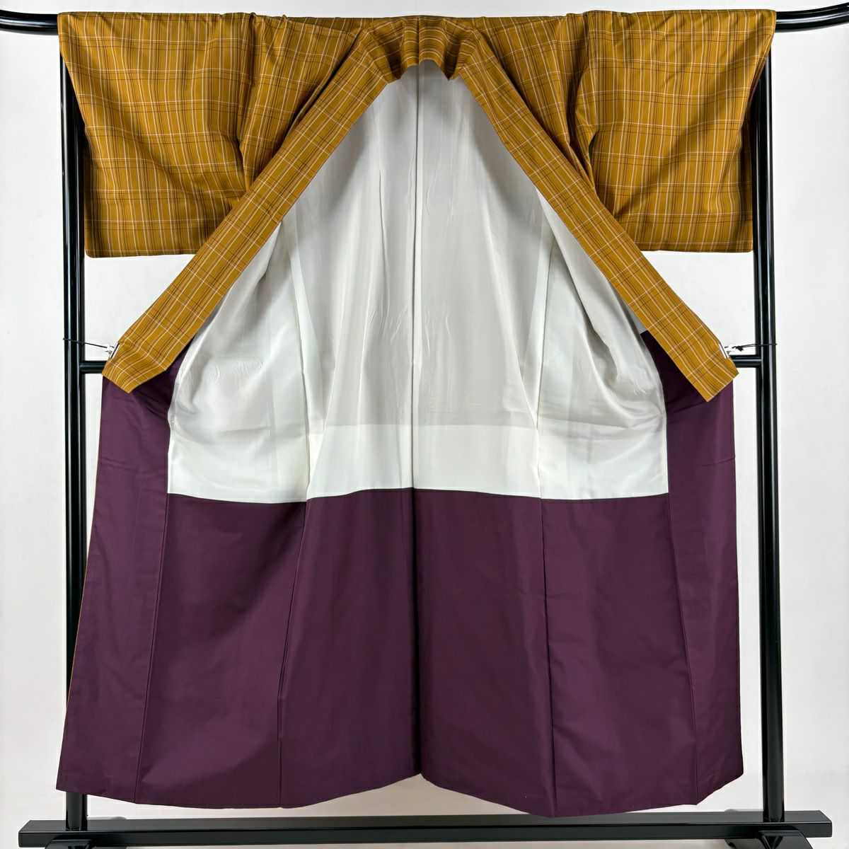 【庫存清倉】 【美品】 紬織 身長154cm 袖長68.5cm L 雙層 格子 黃土色 純蠶絲 名品級